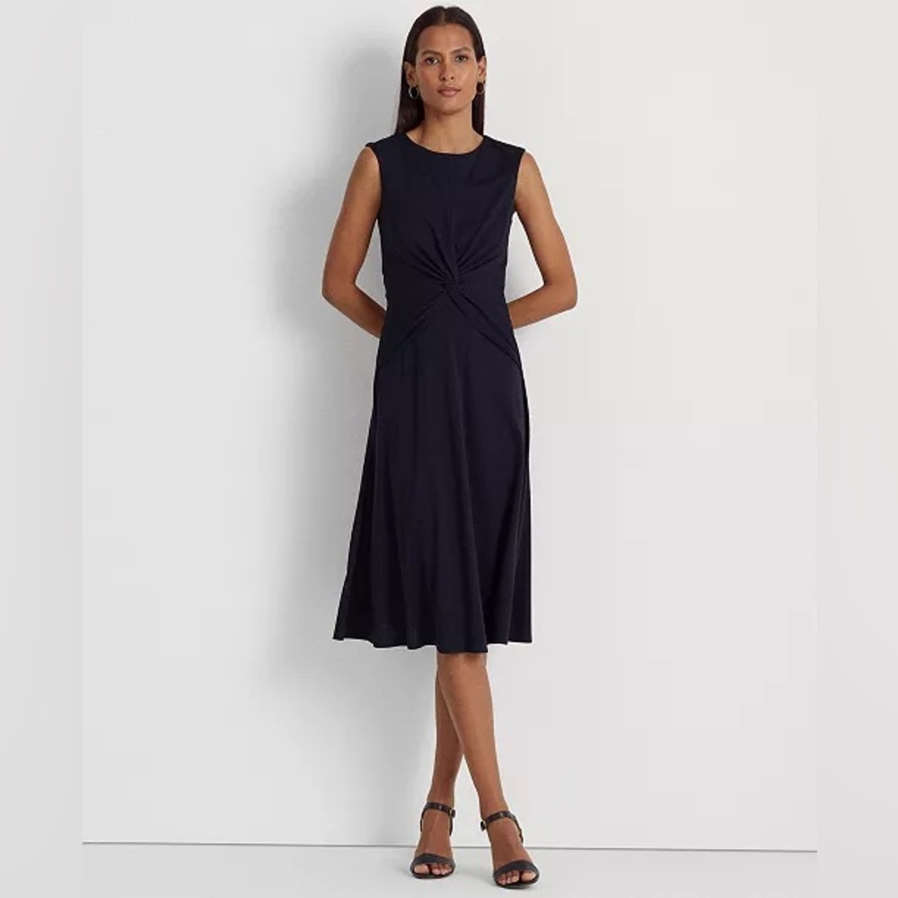 Lauren RL Women's Twist-Front Cap-Sleeve Stretch Black Jersey Dress